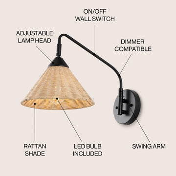 Kiawah 11" 1-Light Vintage Coastal Rattan/Metal Swing Arm LED Sconce - JONATHAN Y